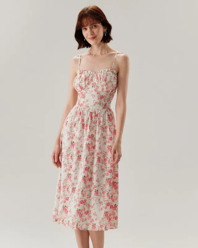 Pink Floral Sweetheart Neck Shirred Slip Midi Dress sold by rihoas