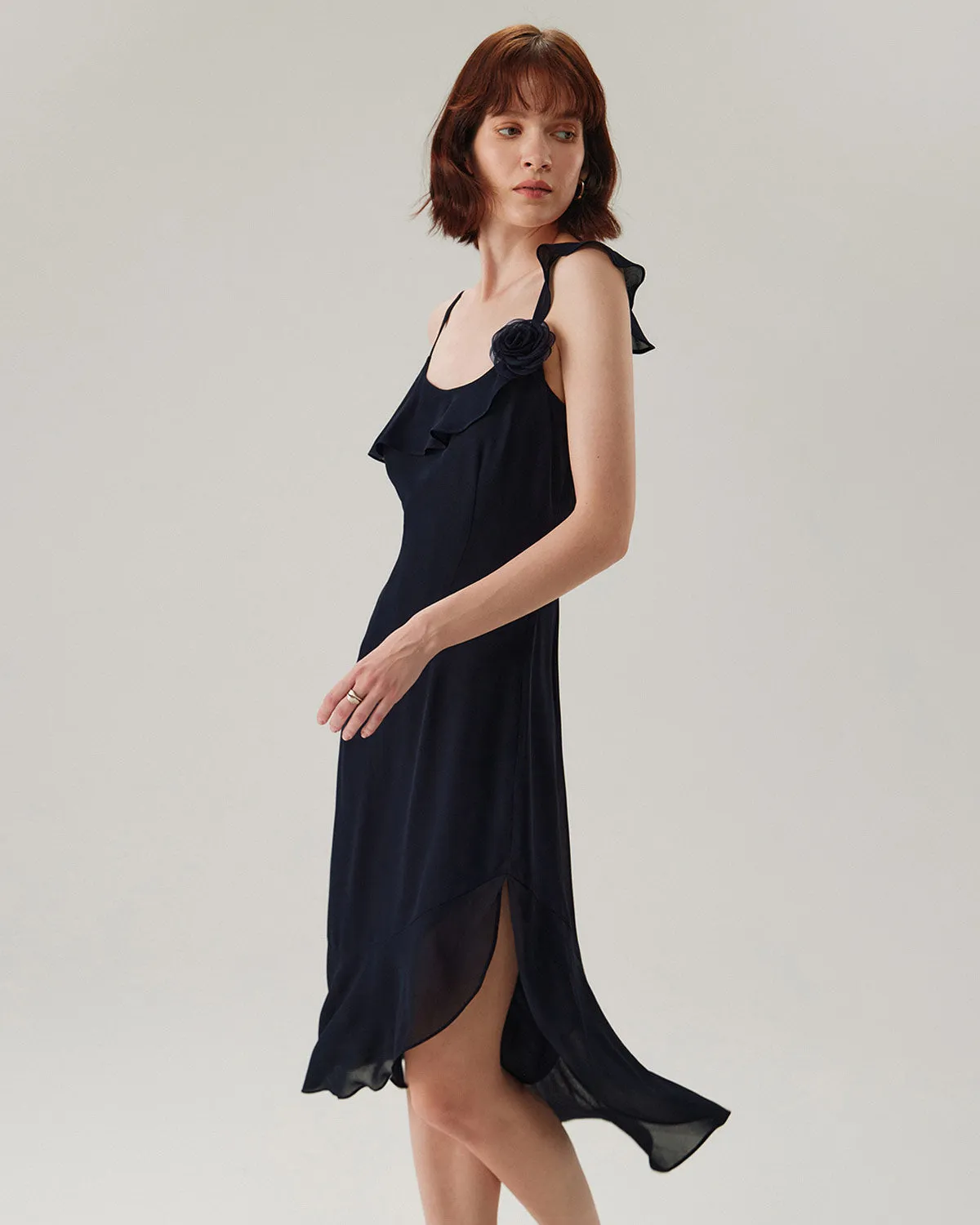 Blue Chiffon Ruffle Slip Midi Dress sold by rihoas product image thumbnail 3