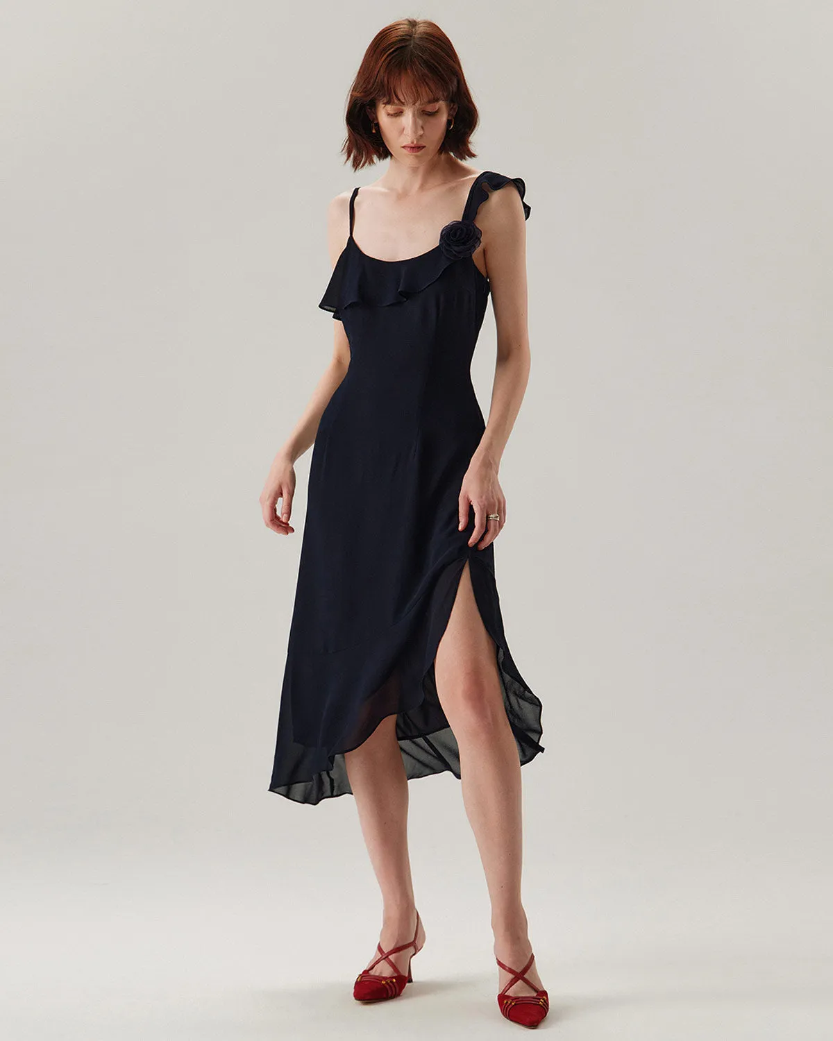 Blue Chiffon Ruffle Slip Midi Dress sold by rihoas