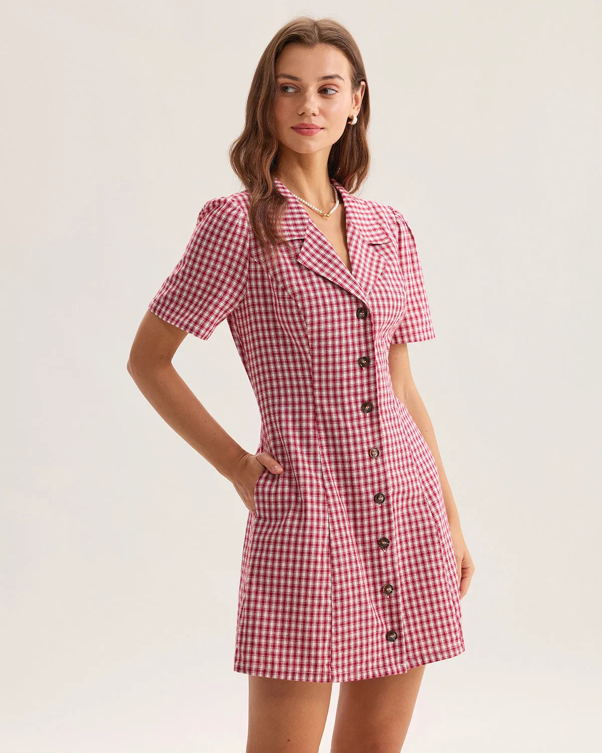 Red Plaid Pocket Button Mini Dress sold by rihoas product image thumbnail 3