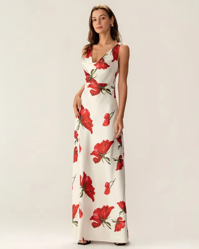 Red Floral Satin Slip Maxi Dress sold by rihoas