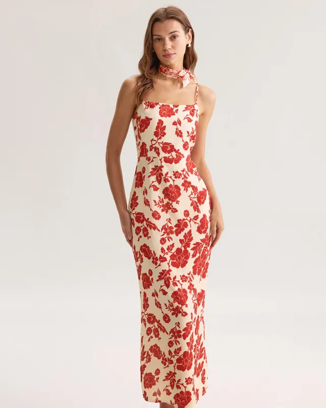 Red Floral Bodycon Slip Maxi Dress sold by rihoas