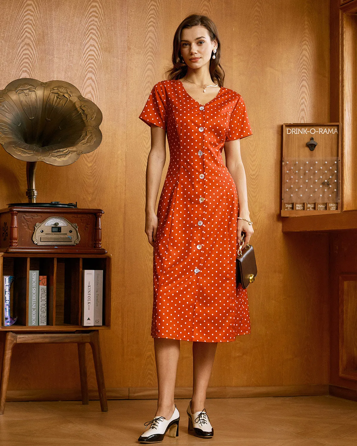 Red Polka Dot Button Midi Dress sold by rihoas product image thumbnail 3