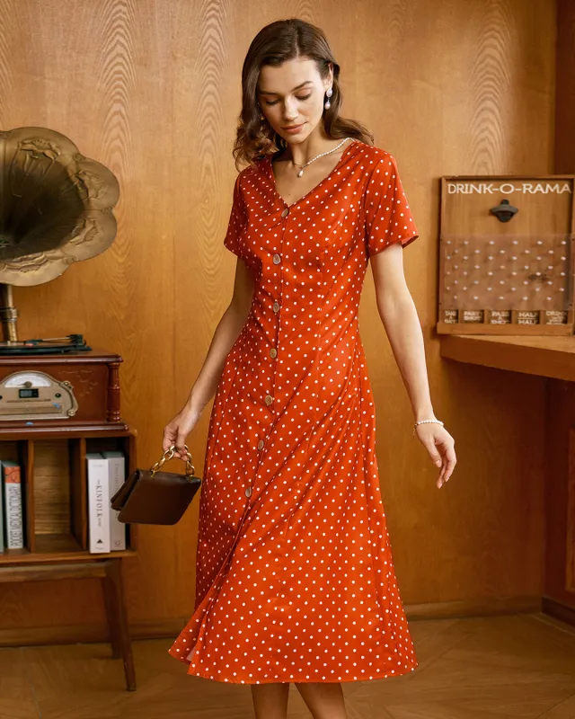 Red Polka Dot Button Midi Dress sold by rihoas