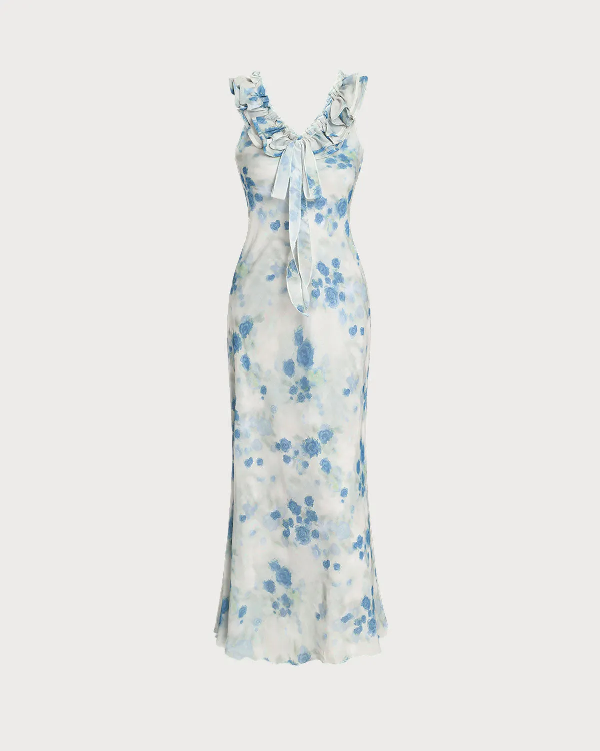 Blue Floral Ruffle V Neck Sleeveless Midi Dress sold by rihoas product image thumbnail 5