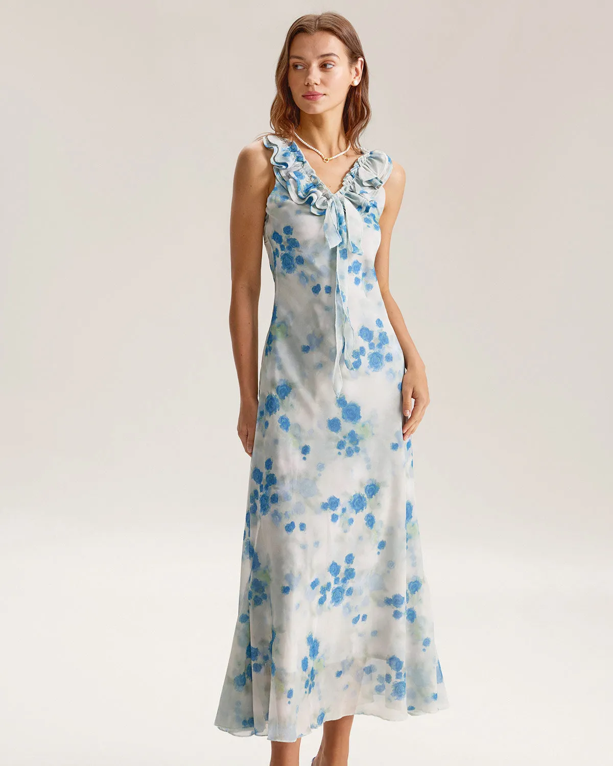 Blue Floral Ruffle V Neck Sleeveless Midi Dress sold by rihoas