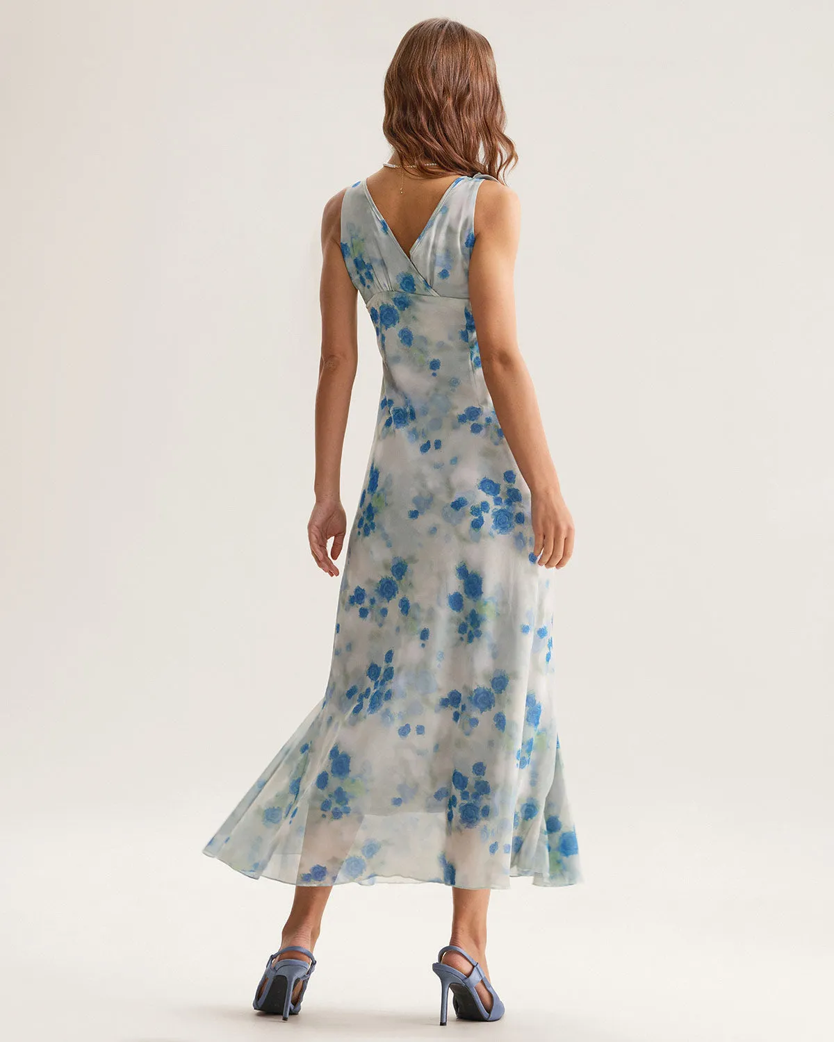 Blue Floral Ruffle V Neck Sleeveless Midi Dress sold by rihoas product image thumbnail 4