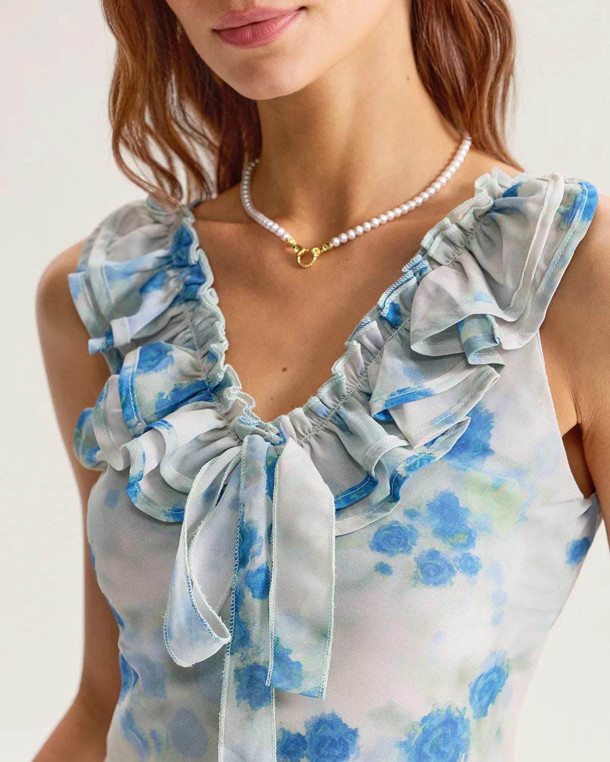 Blue Floral Ruffle V Neck Sleeveless Midi Dress sold by rihoas product image thumbnail 2