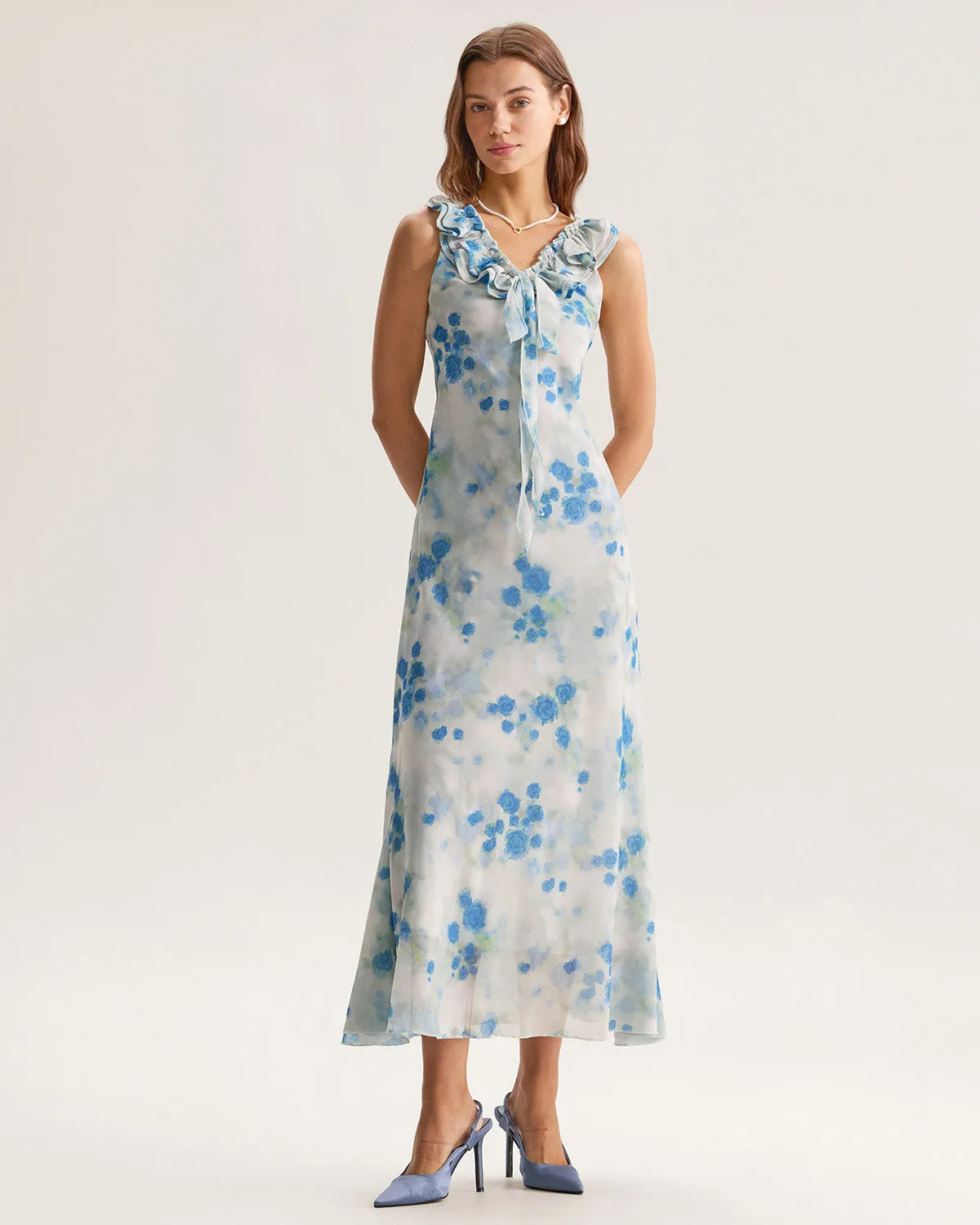 Blue Floral Ruffle V Neck Sleeveless Midi Dress sold by rihoas product image thumbnail 3