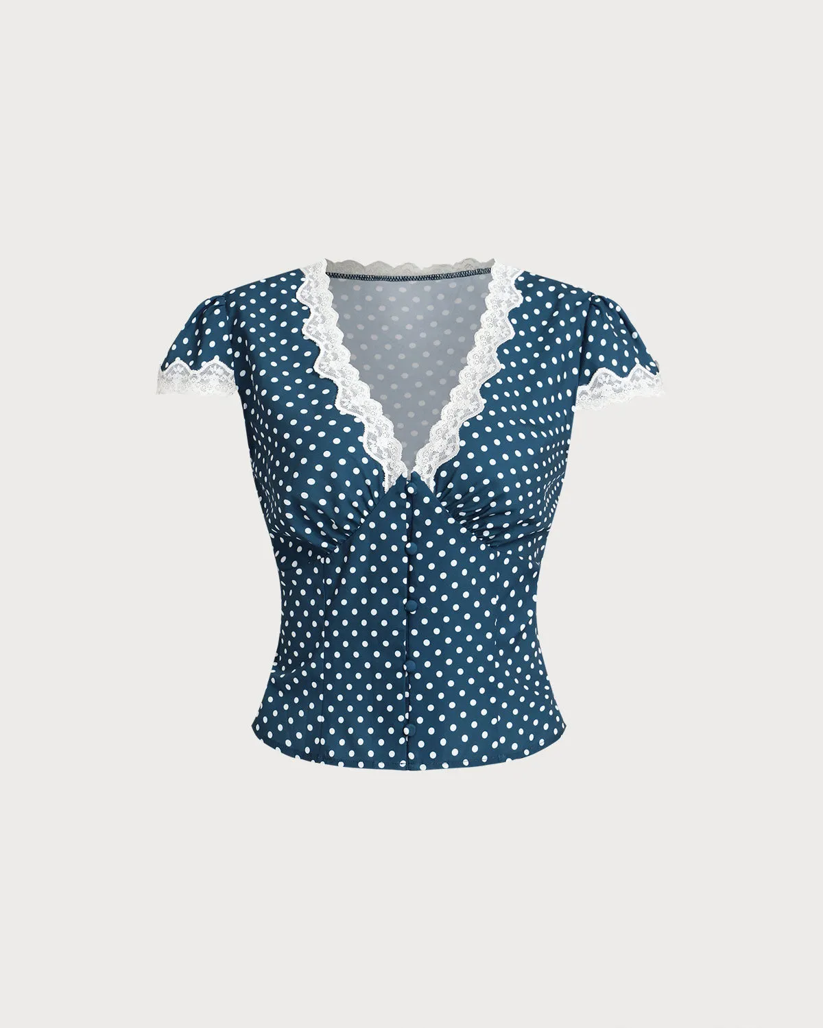 Blue Polka Dot Lace Trim Blouse sold by rihoas