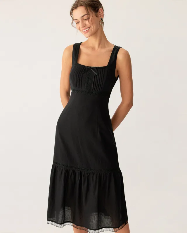 Black Square Neck Ruched Slip Midi Dress sold by rihoas