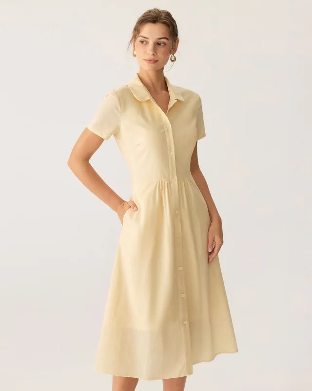 Yellow Button Short Sleeve Midi Dress sold by rihoas