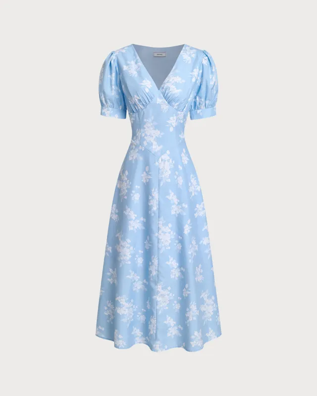Blue Floral Puffed Sleeve Ruched Midi Dress sold by rihoas