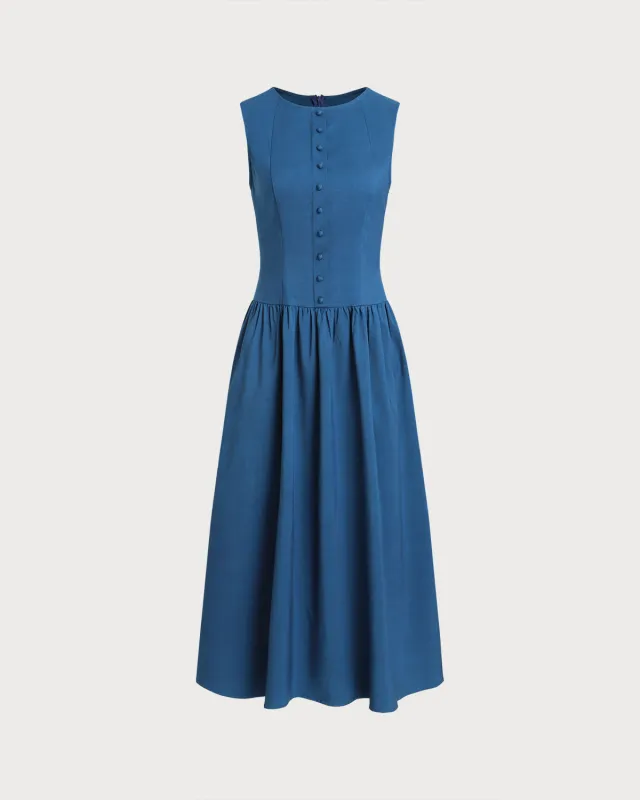 Blue Boat Neck Button Sleeveless Midi Dress sold by rihoas