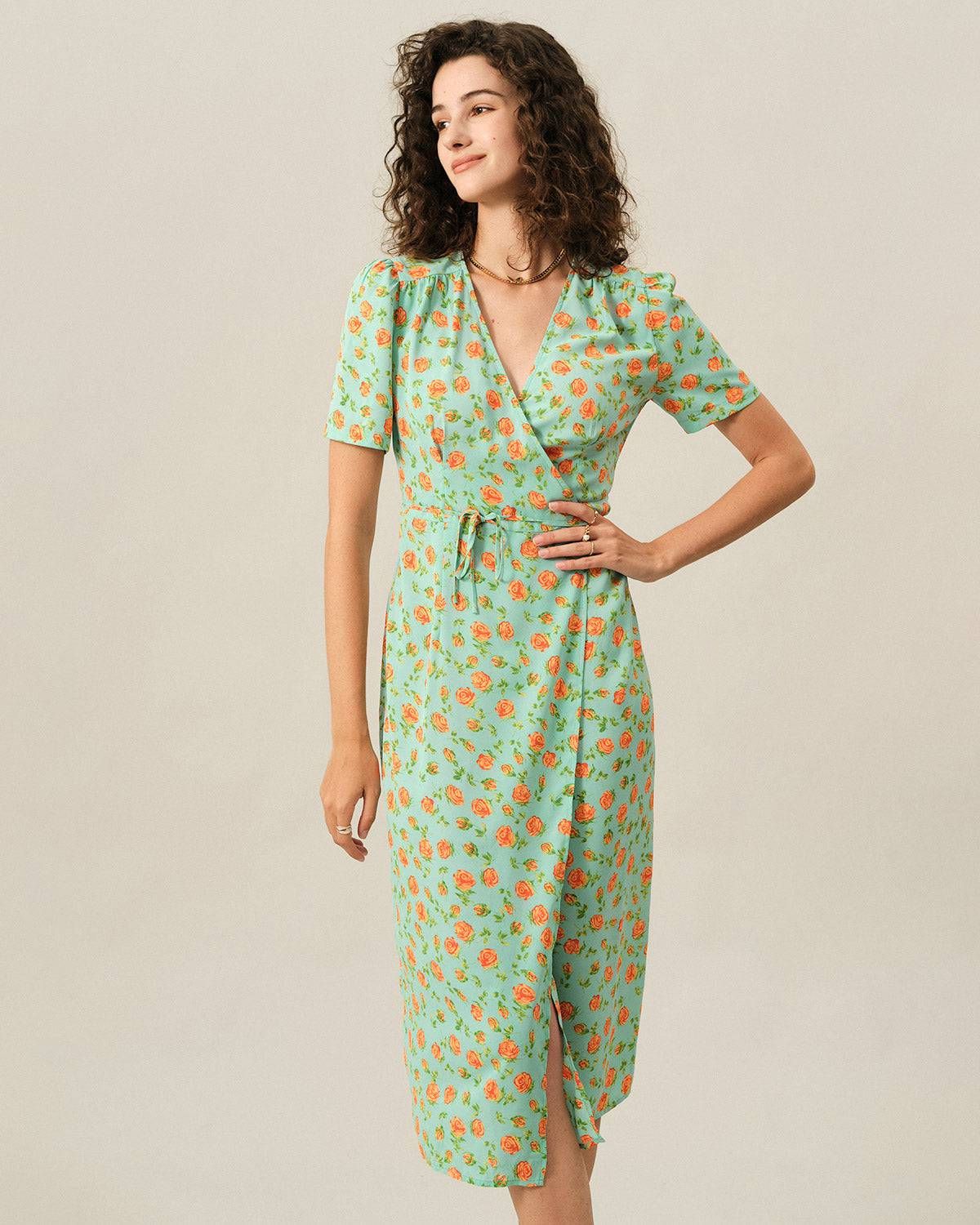 The V Neck Wrap Tie Waist Midi Dress sold by rihoas