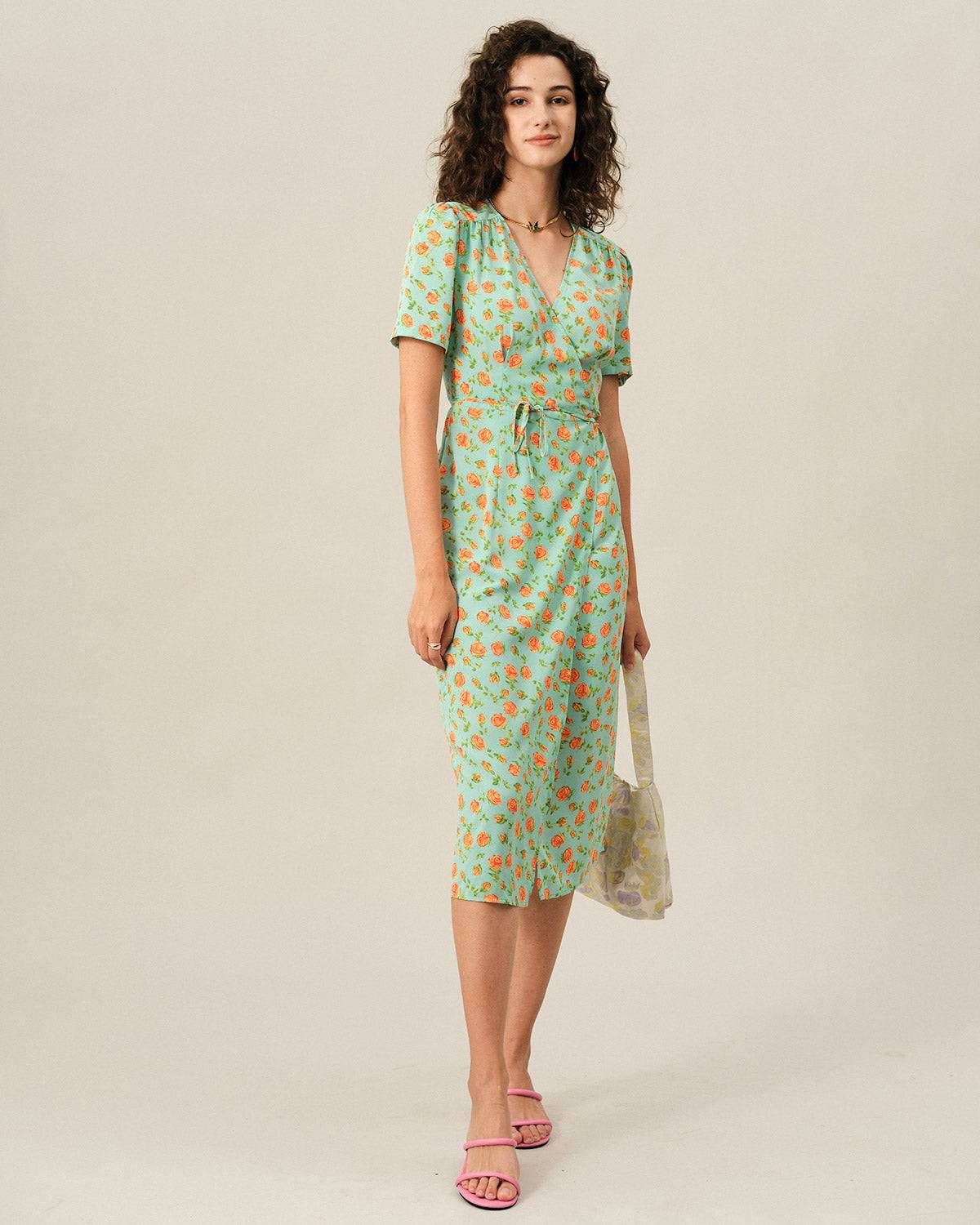 The V Neck Wrap Tie Waist Midi Dress sold by rihoas product image thumbnail 3