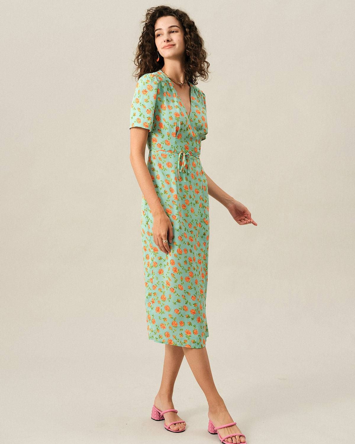 The V Neck Wrap Tie Waist Midi Dress sold by rihoas product image thumbnail 4