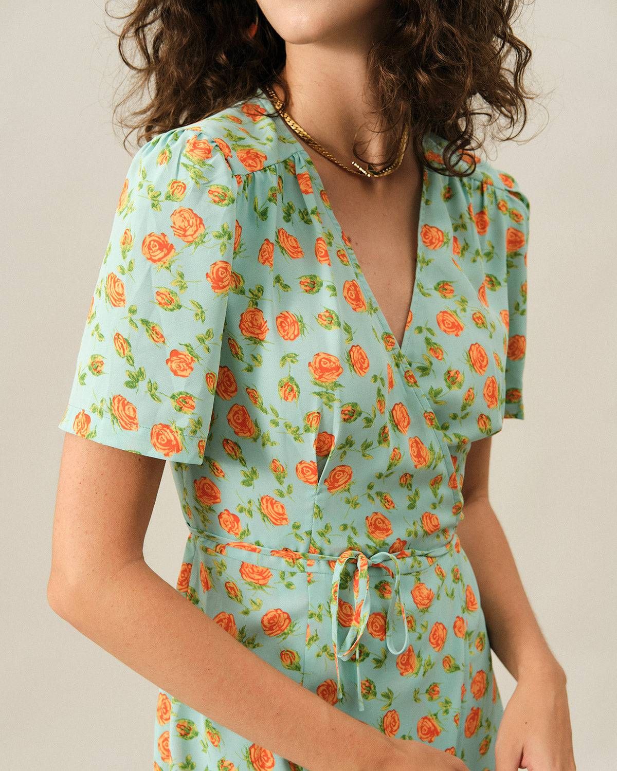 The V Neck Wrap Tie Waist Midi Dress sold by rihoas product image thumbnail 2