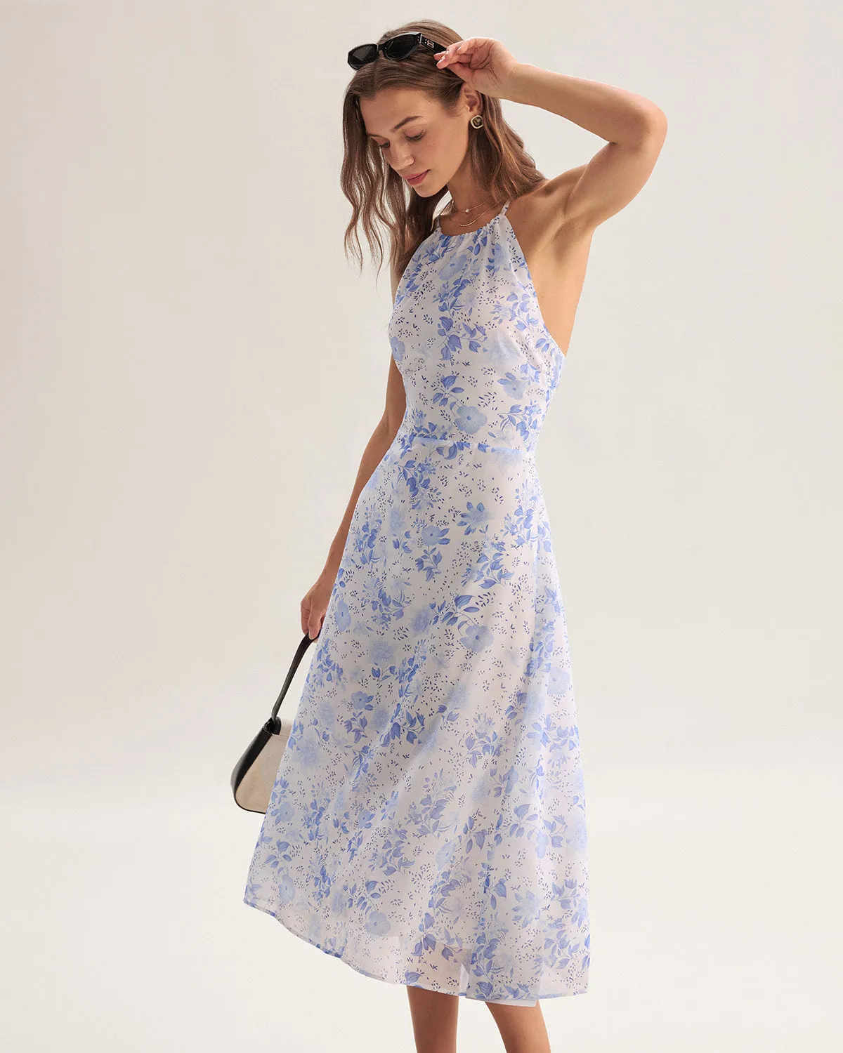 Blue Floral Halter Midi Dress sold by rihoas product image thumbnail 3