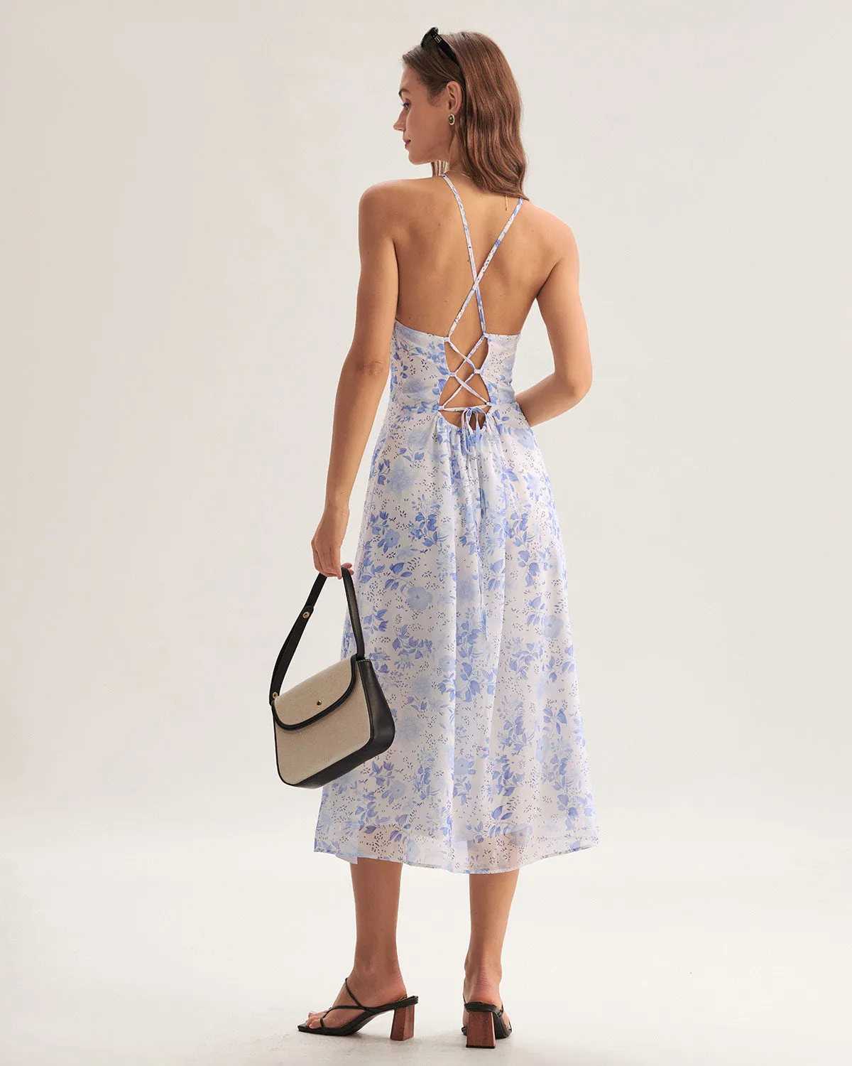 Blue Floral Halter Midi Dress sold by rihoas product image thumbnail 5