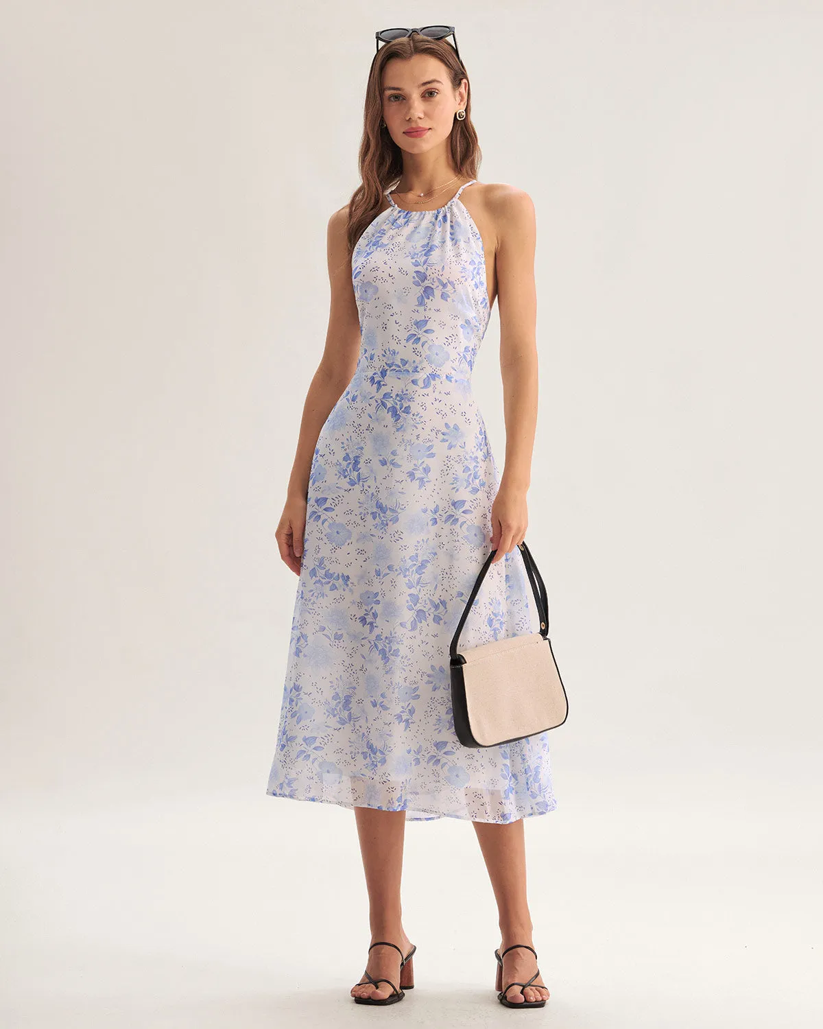 Blue Floral Halter Midi Dress sold by rihoas product image thumbnail 4