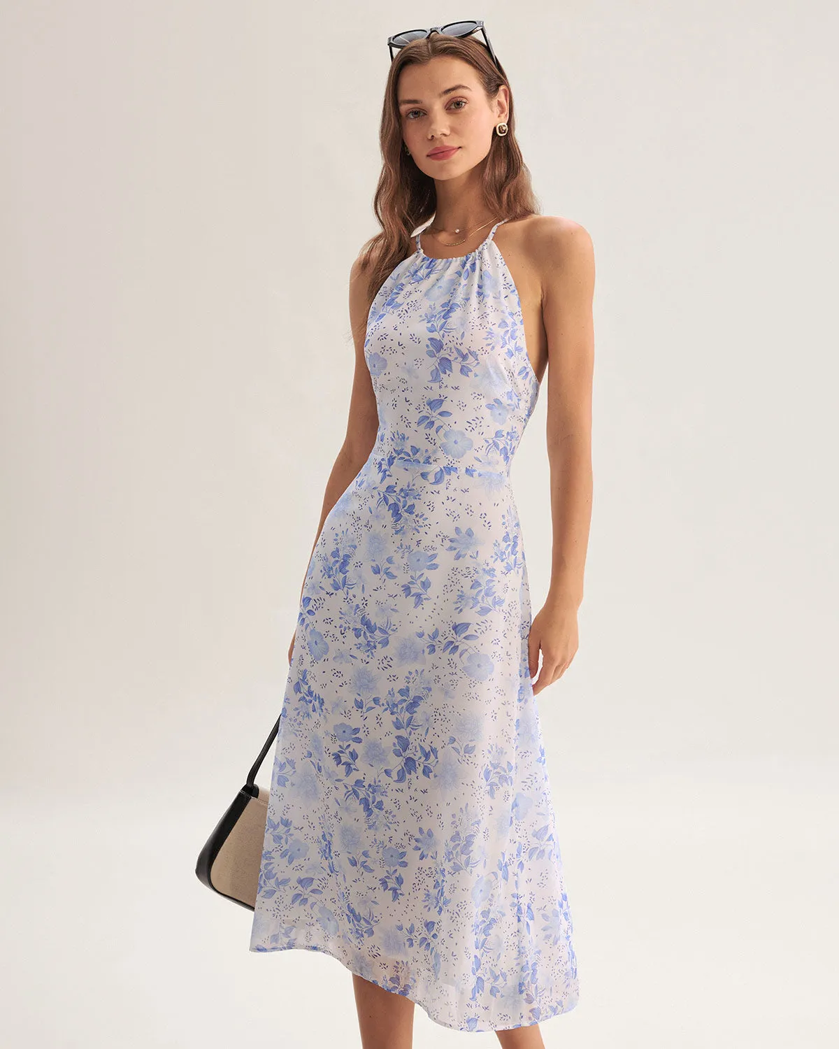 Blue Floral Halter Midi Dress sold by rihoas