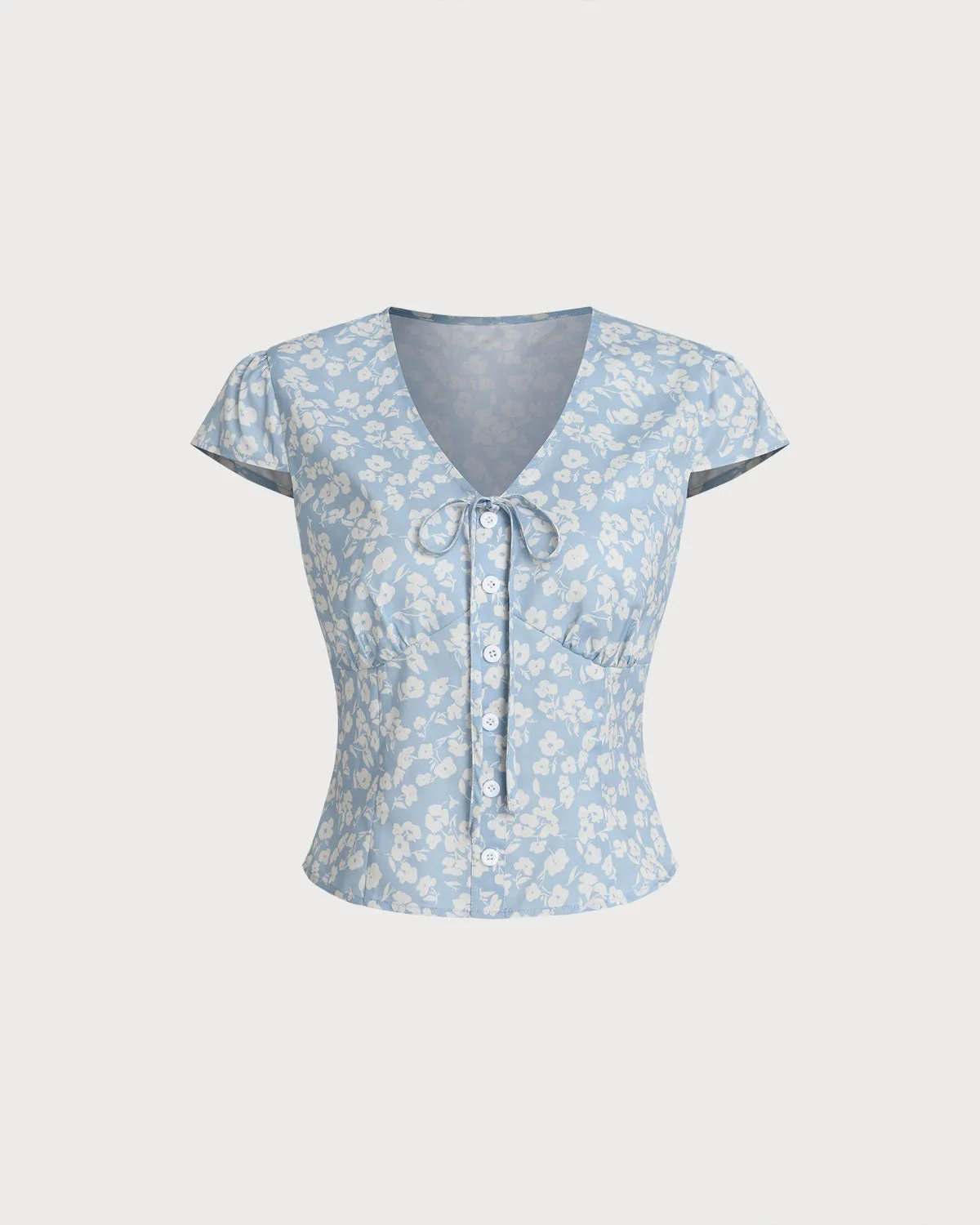 Blue Floral V-Neck Blouse sold by rihoas