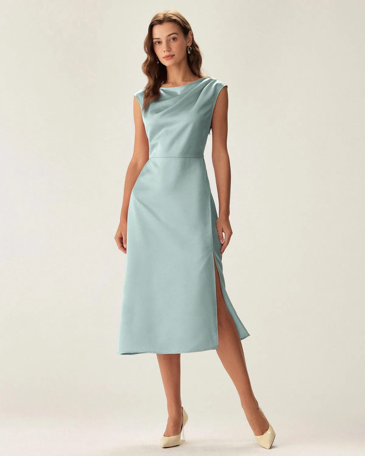 Blue Satin Boat Neck Slit Sleeveless Midi Dress sold by rihoas