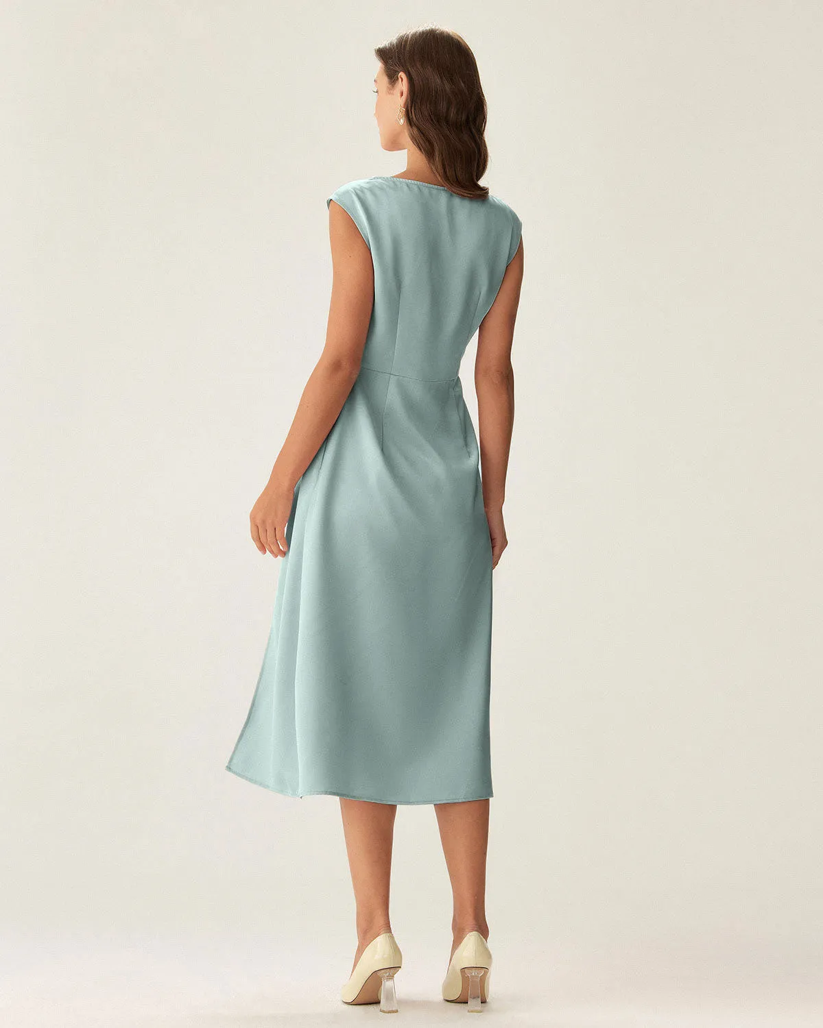 Blue Satin Boat Neck Slit Sleeveless Midi Dress sold by rihoas product image thumbnail 4