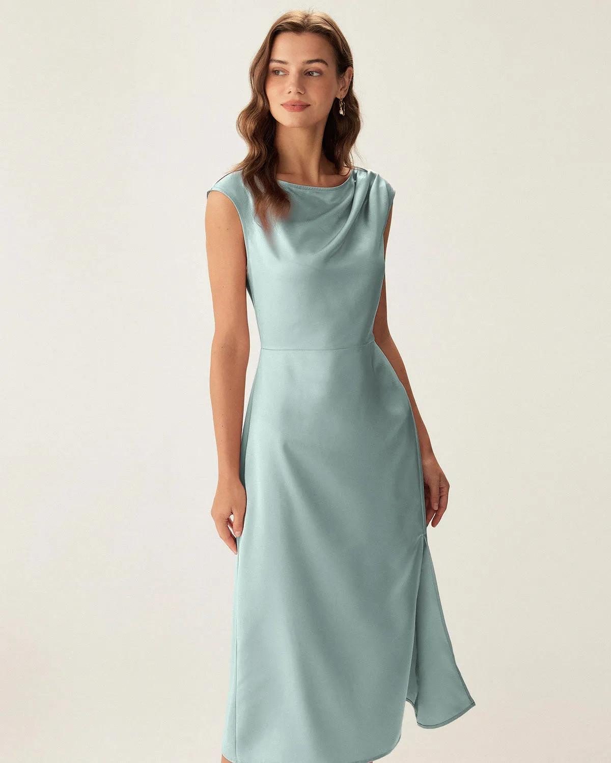 Blue Satin Boat Neck Slit Sleeveless Midi Dress sold by rihoas product image thumbnail 3