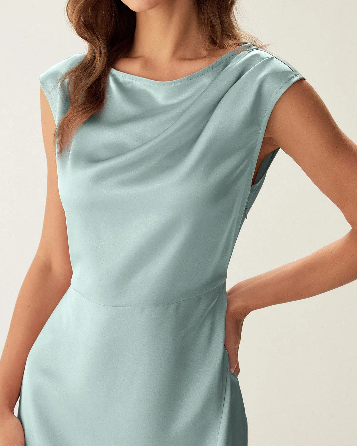 Blue Satin Boat Neck Slit Sleeveless Midi Dress sold by rihoas product image thumbnail 2