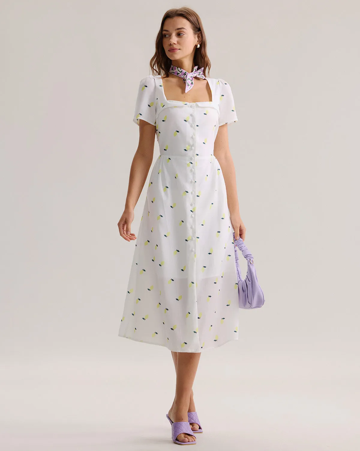 White Fruit Square Neck Midi Dress sold by rihoas product image thumbnail 2