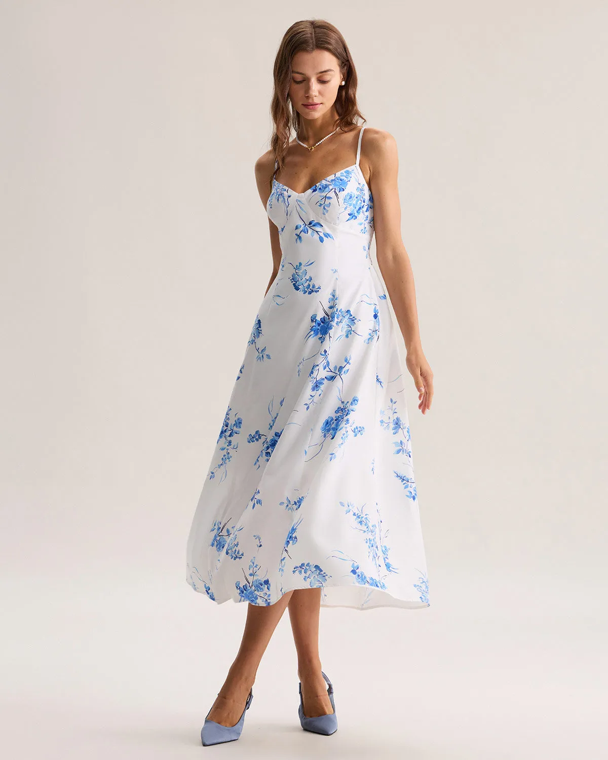 Blue Floral Shirred A-Line Slip Maxi Dress sold by rihoas product image thumbnail 4