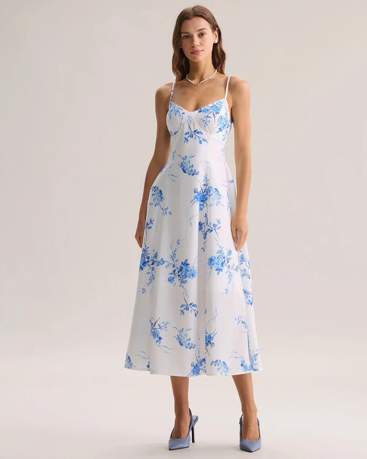 Blue Floral Shirred A-Line Slip Maxi Dress sold by rihoas