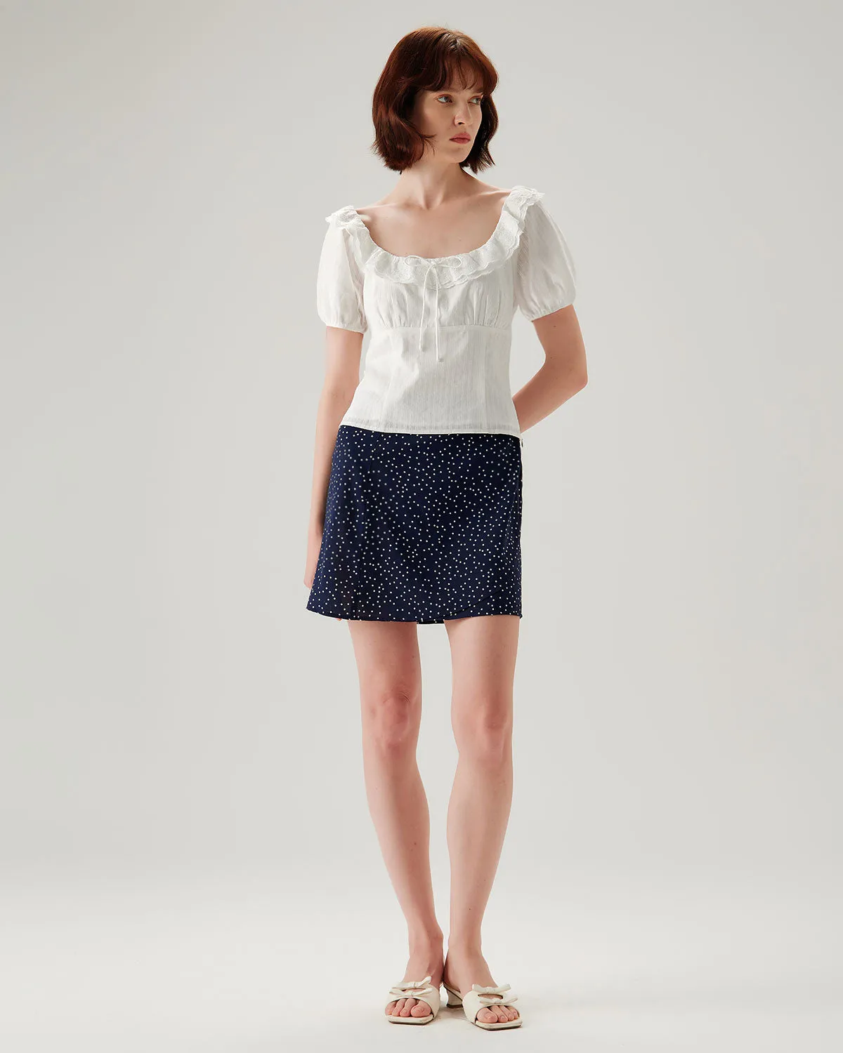 White Textured Scoop Neck Ruffle Blouse sold by rihoas product image thumbnail 4