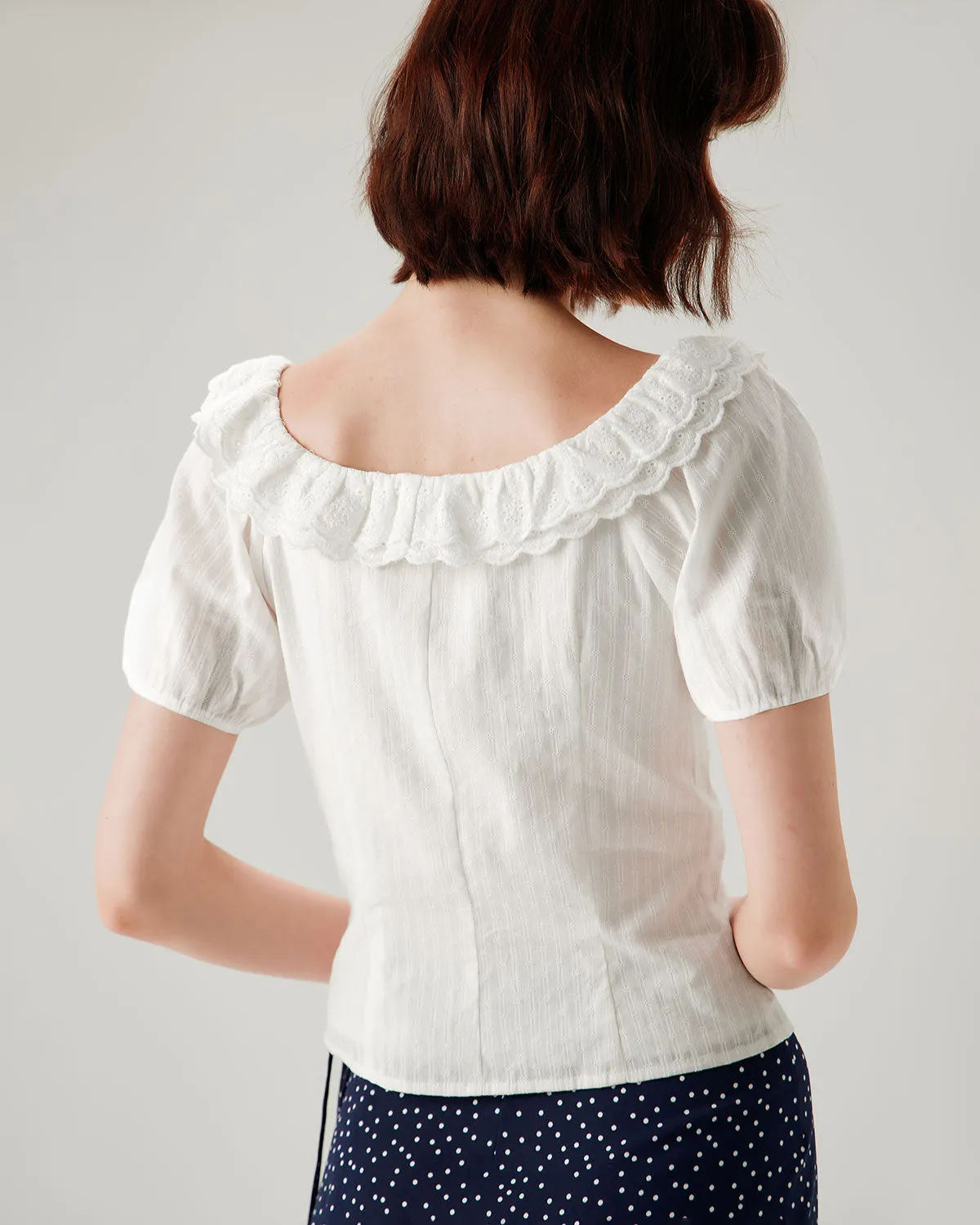 White Textured Scoop Neck Ruffle Blouse sold by rihoas product image thumbnail 3