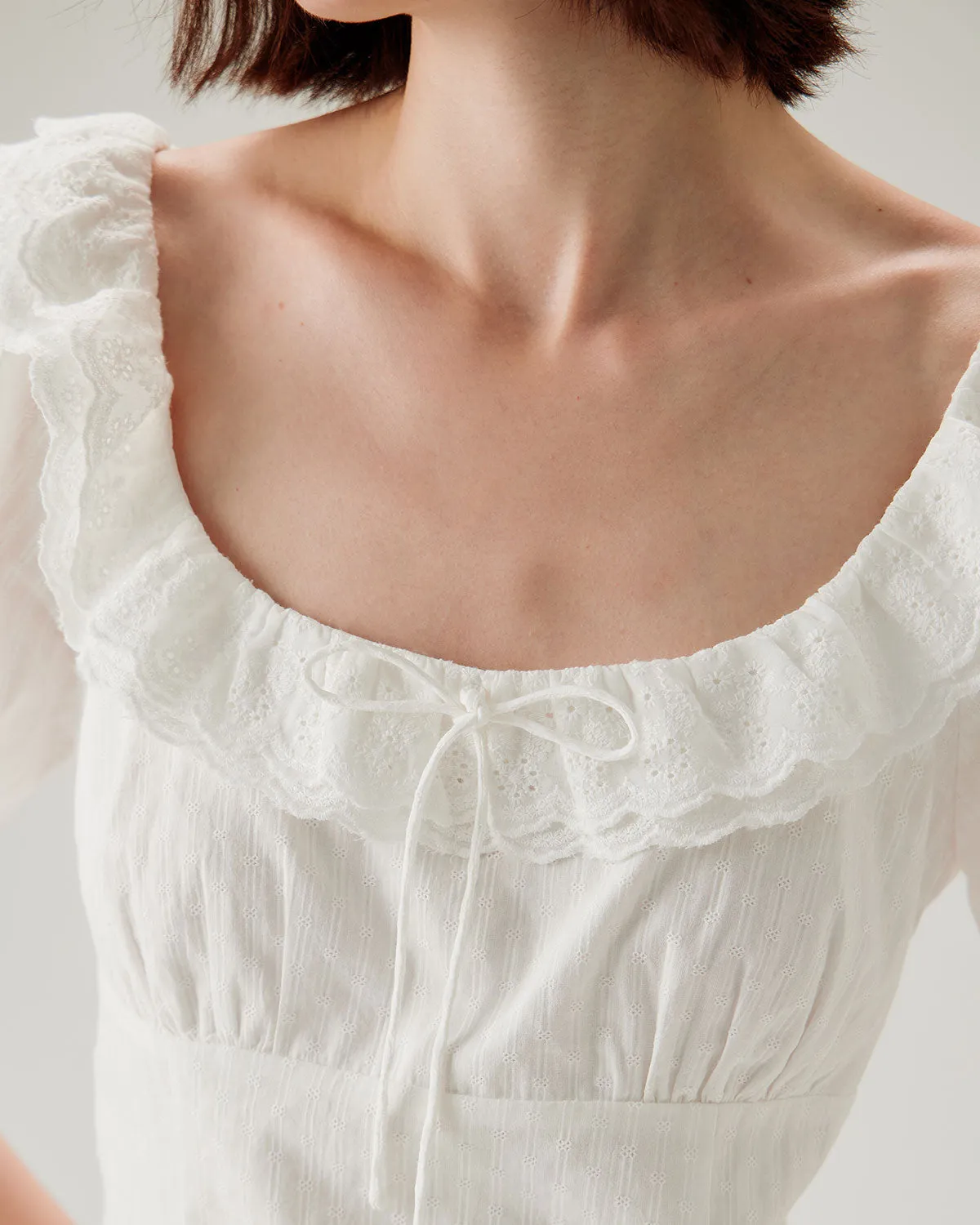 White Textured Scoop Neck Ruffle Blouse sold by rihoas product image thumbnail 2