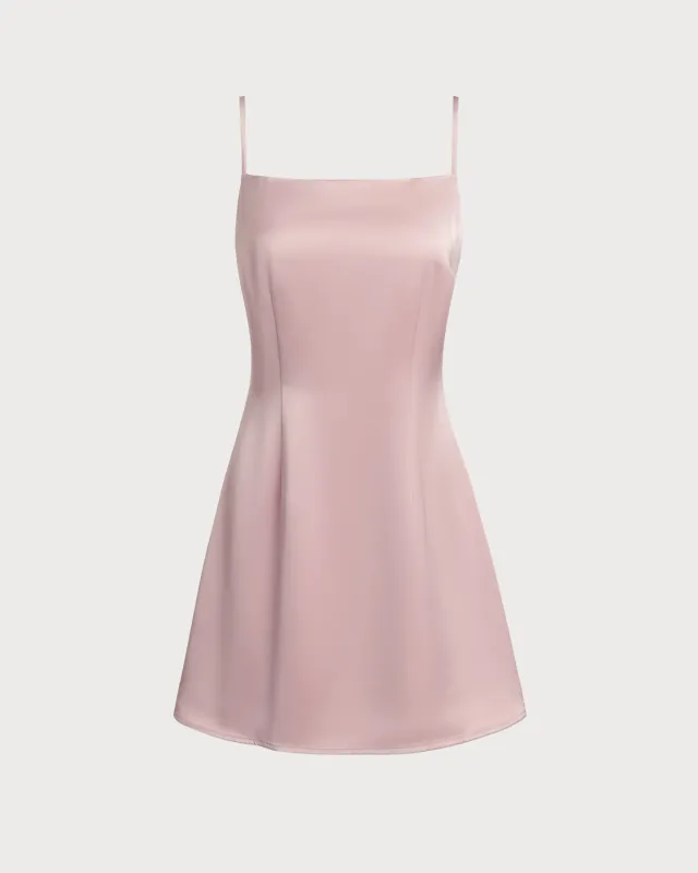 Pink Square Neck Satin Mini Dress sold by rihoas