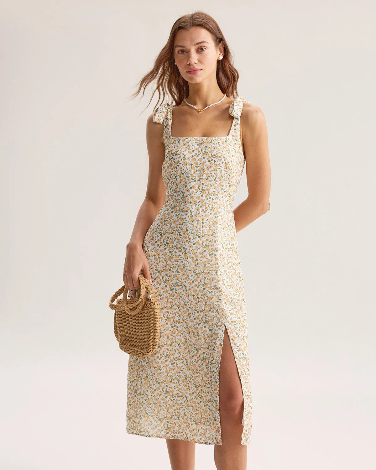 Yellow Floral Shirred Slip Midi Dress sold by rihoas