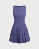 Blue Boat Neck Button Sleeveless Mini Dress sold by rihoas
