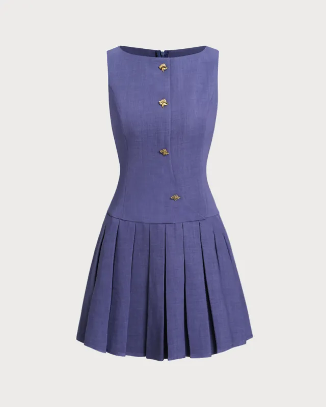 Blue Boat Neck Button Sleeveless Mini Dress sold by rihoas