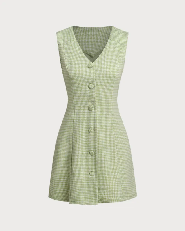 Green Plaid Sleeveless Button Mini Dress sold by rihoas
