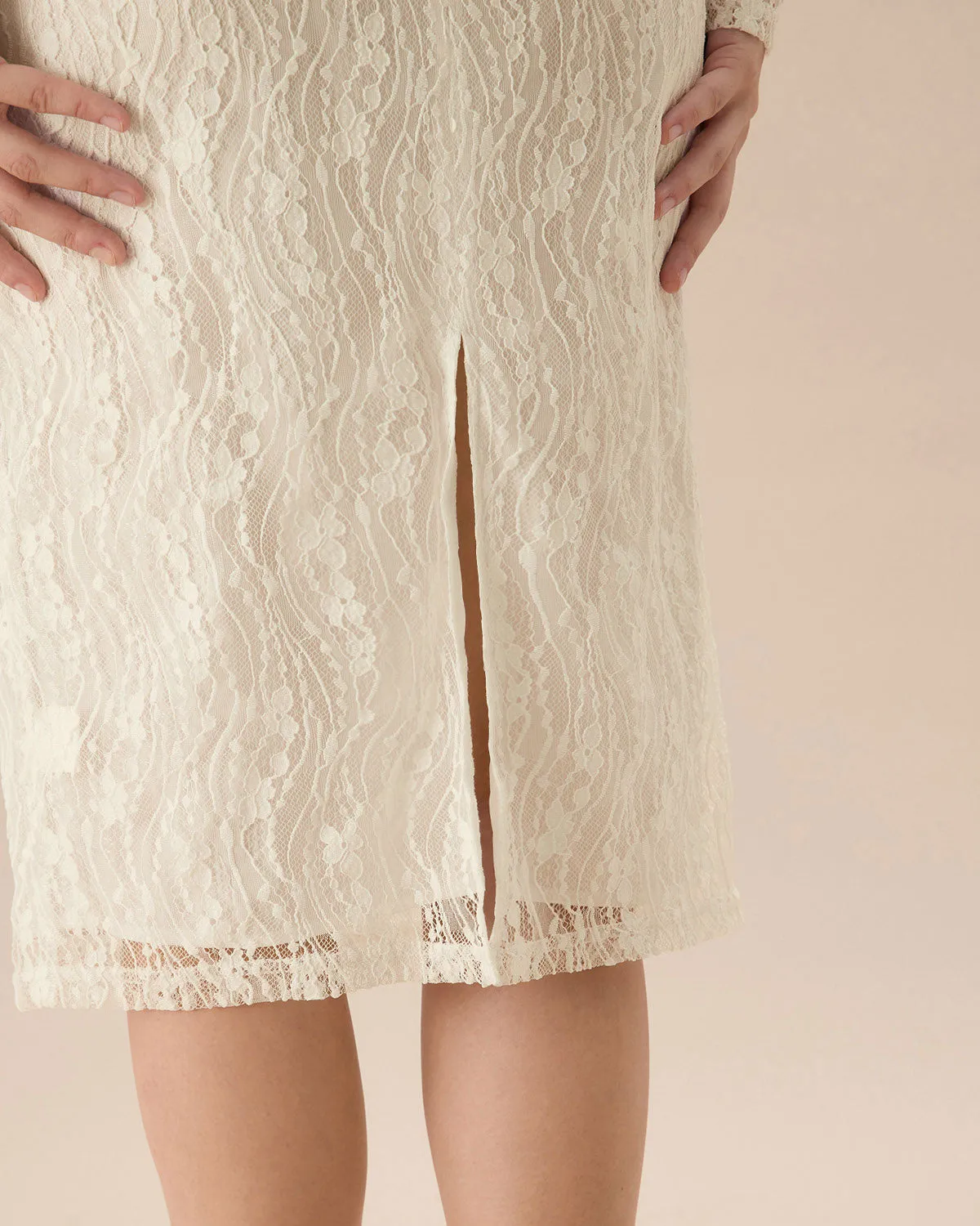 Apricot Lace Boat Neck Long Sleeve Midi Dress sold by rihoas product image thumbnail 3