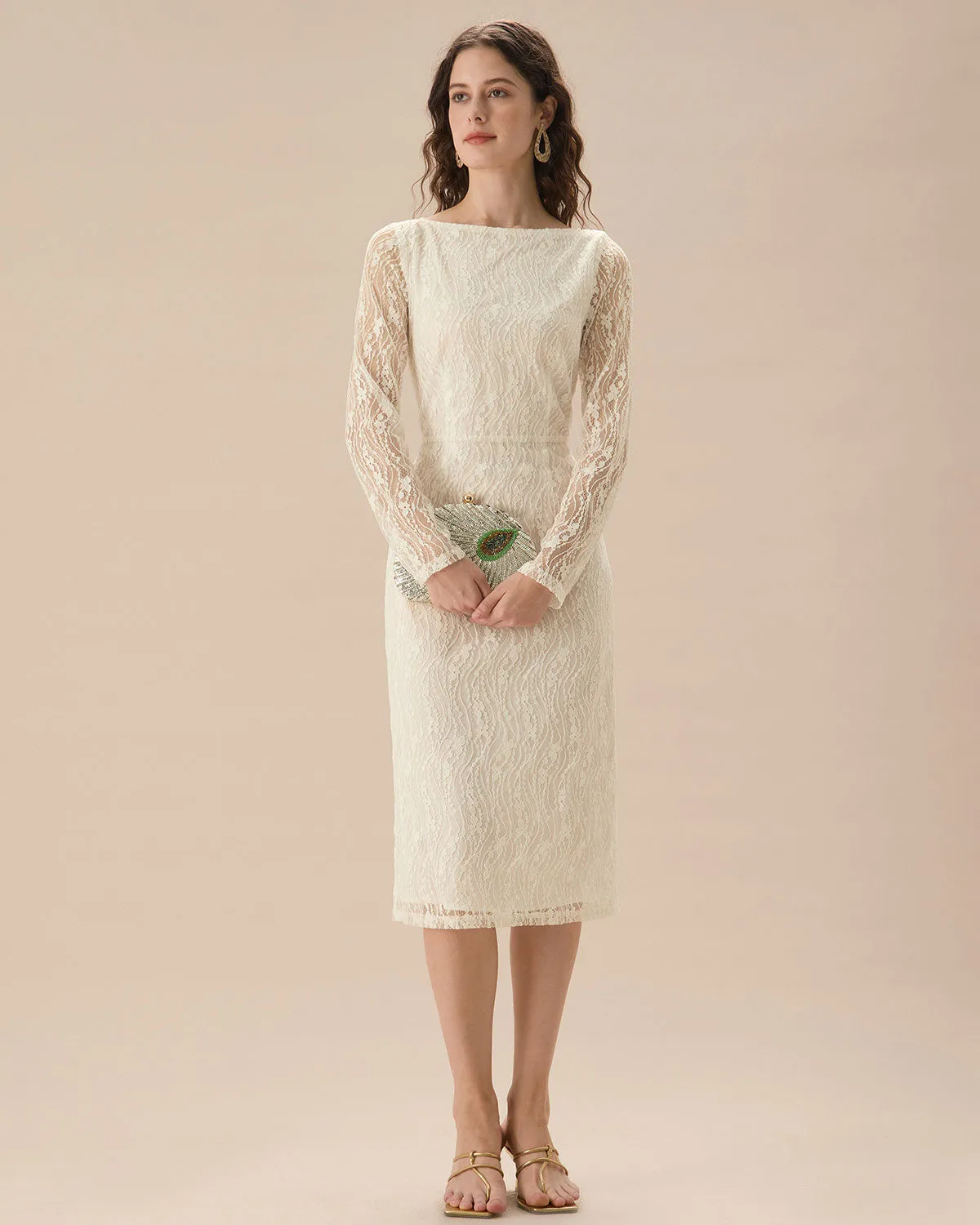 Apricot Lace Boat Neck Long Sleeve Midi Dress sold by rihoas product image thumbnail 5