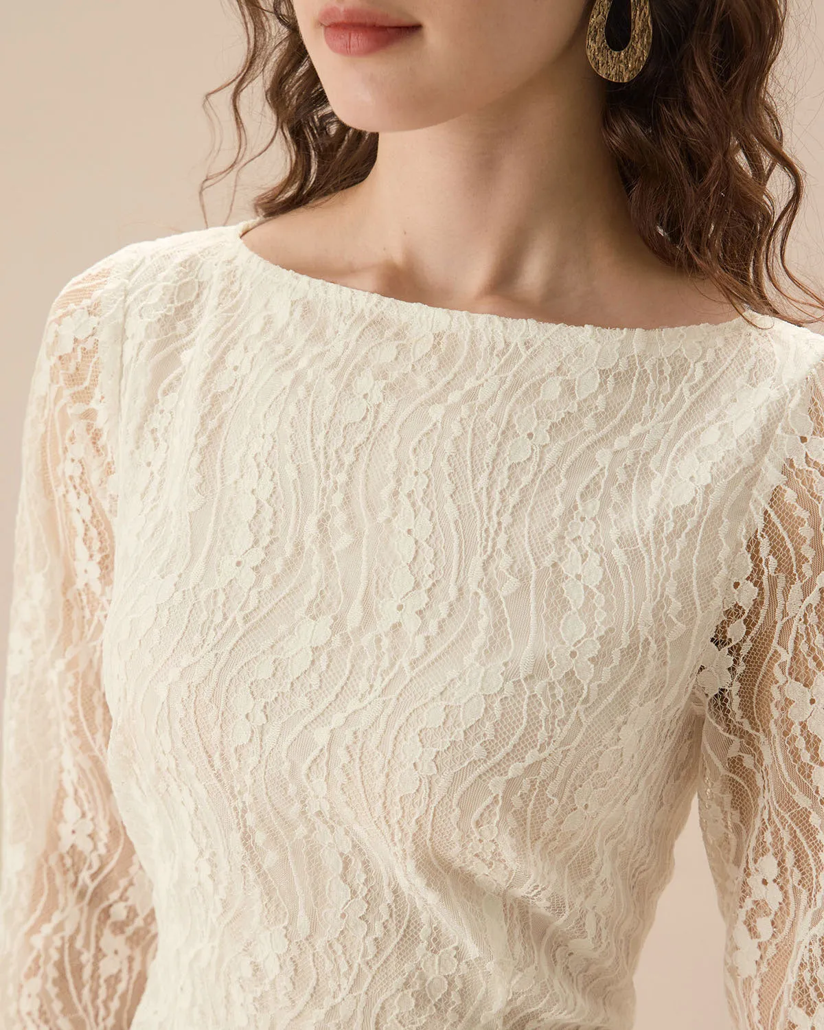 Apricot Lace Boat Neck Long Sleeve Midi Dress sold by rihoas product image thumbnail 2