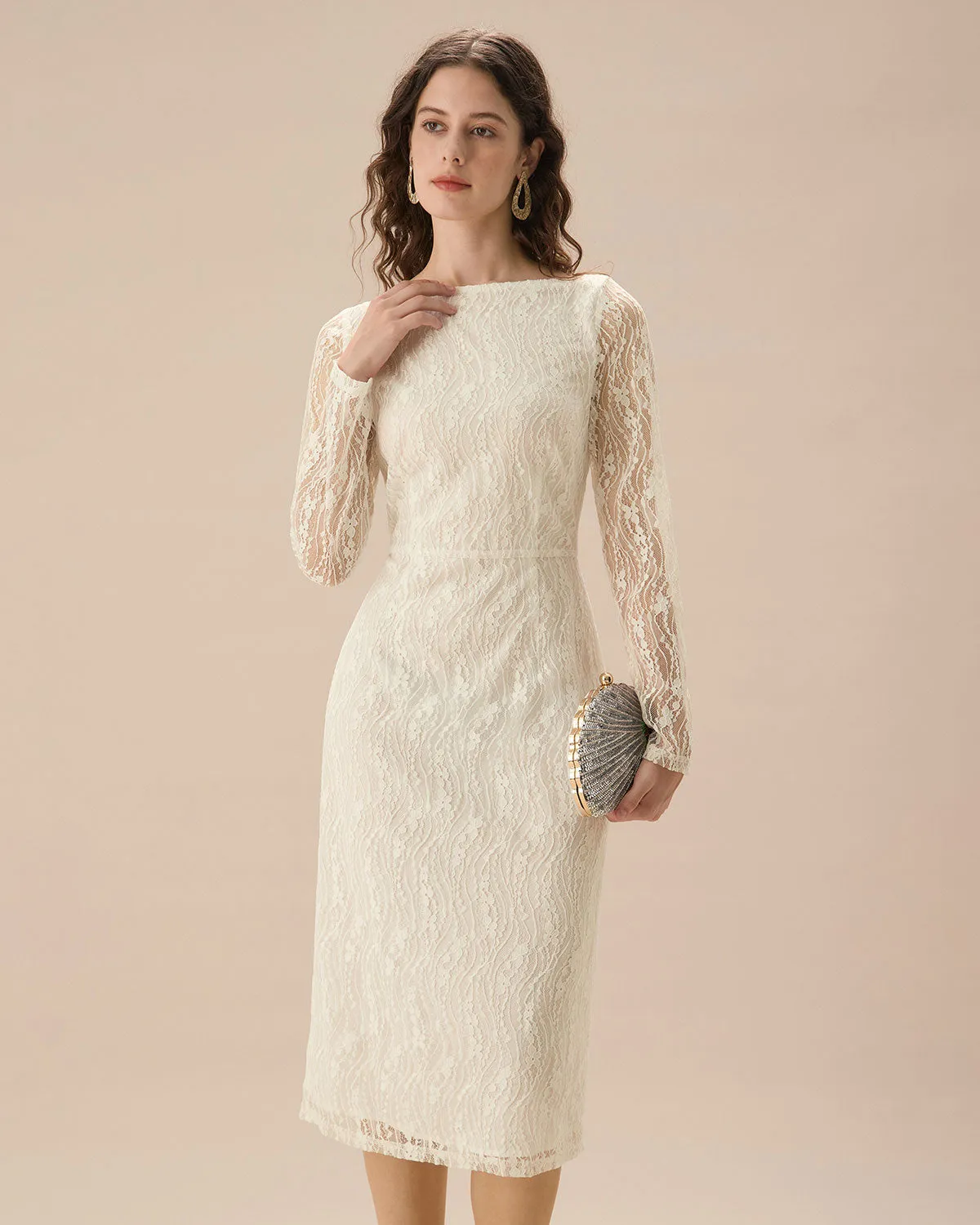 Apricot Lace Boat Neck Long Sleeve Midi Dress sold by rihoas product image thumbnail 4