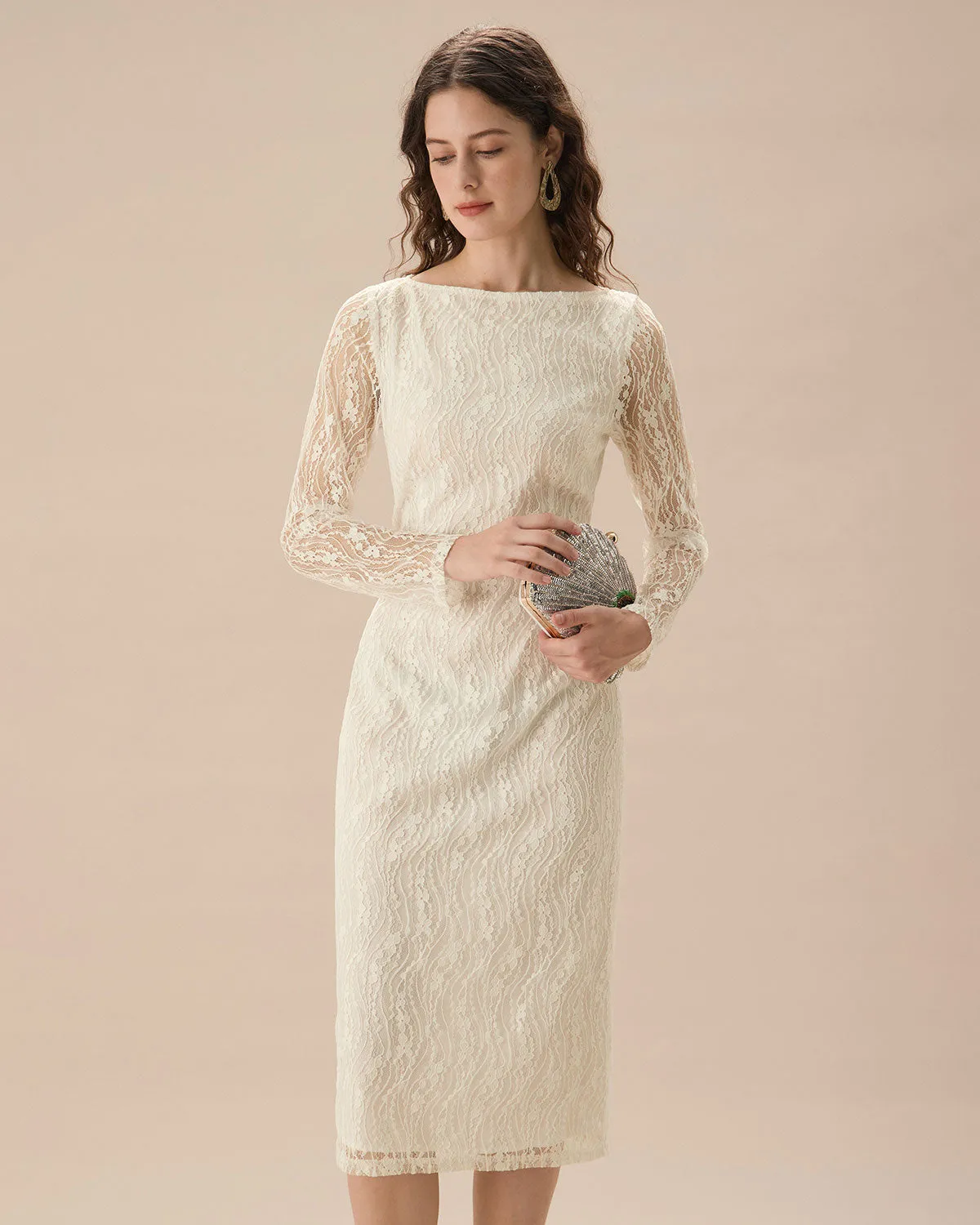 Apricot Lace Boat Neck Long Sleeve Midi Dress sold by rihoas