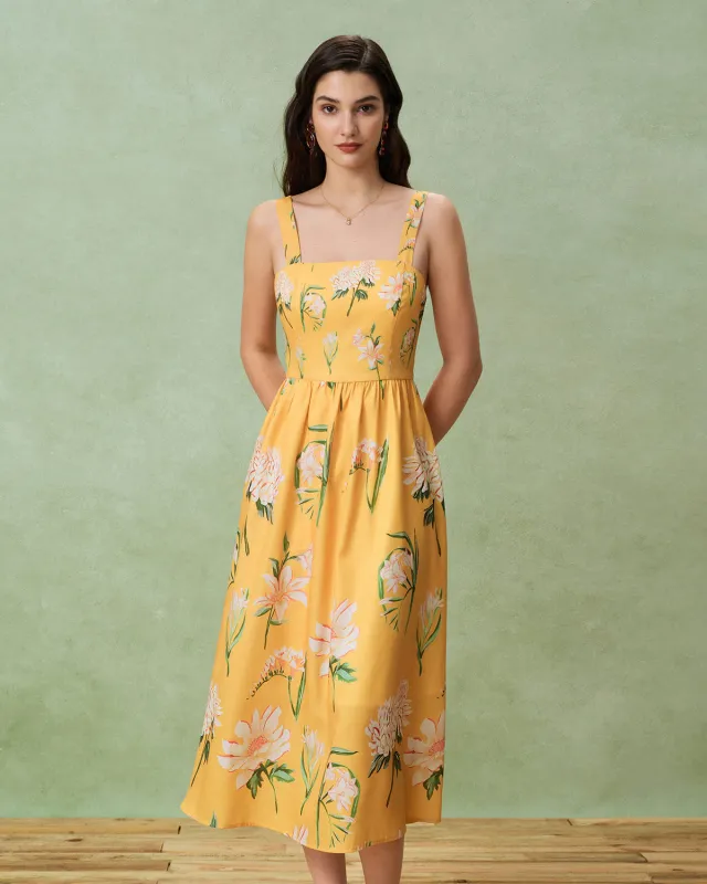 Yellow Floral A-Line Slip Midi Dress sold by rihoas