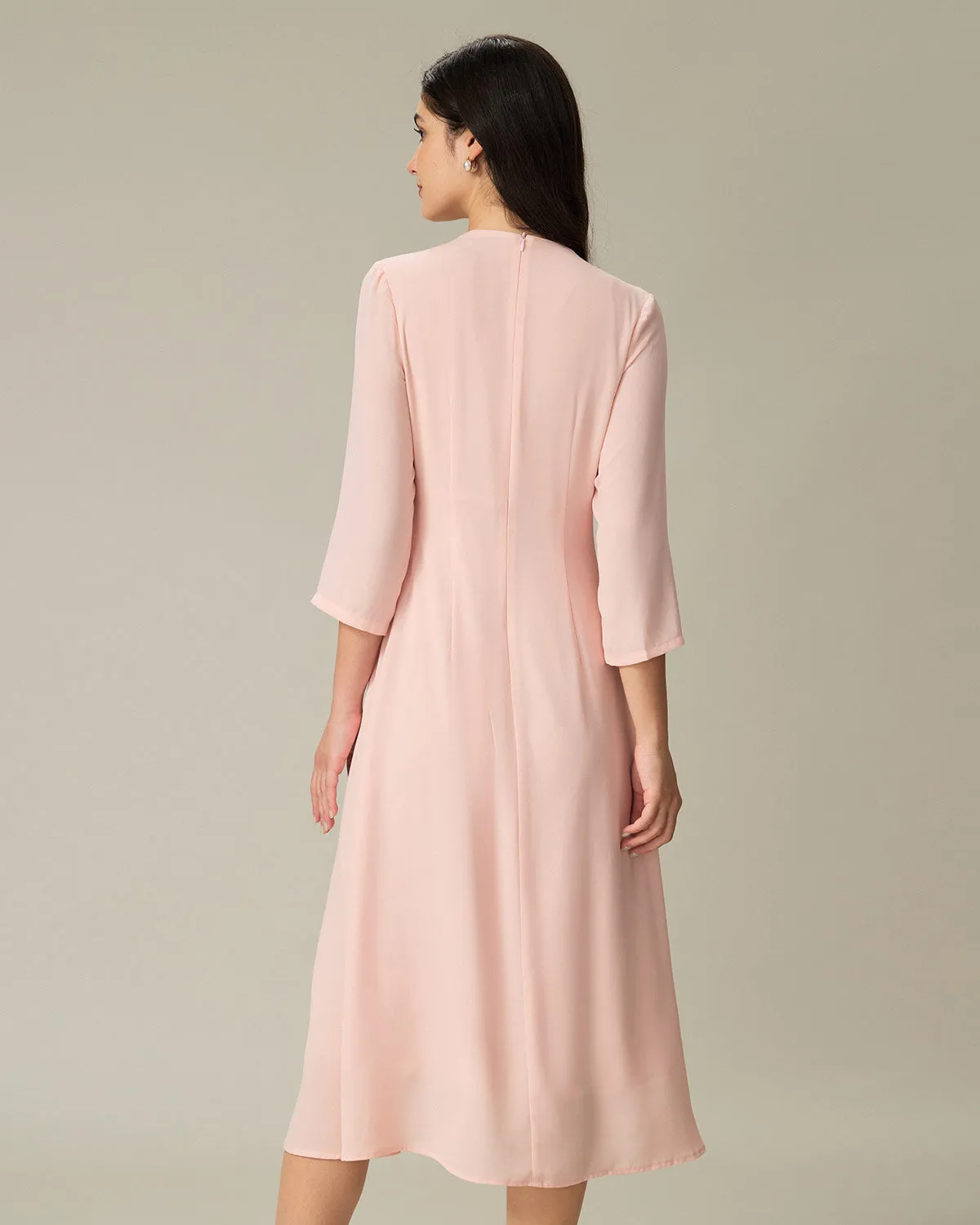Pink V-Neck Pleated Midi Dress sold by rihoas product image thumbnail 4