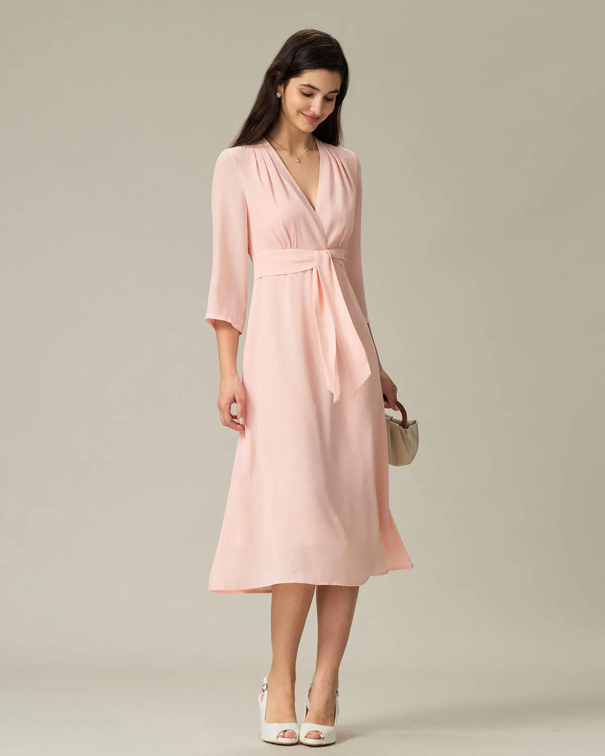 Pink V-Neck Pleated Midi Dress sold by rihoas product image thumbnail 5
